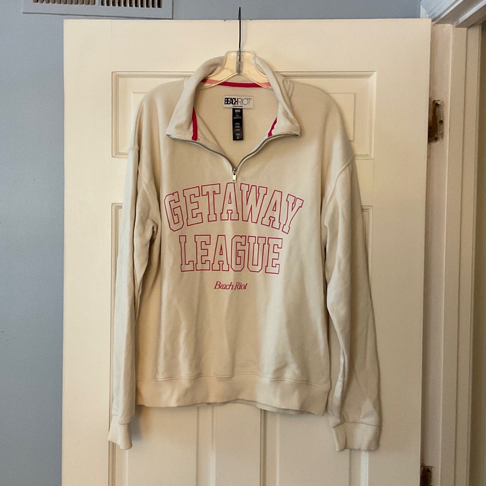 Beach Riot Getaway League Quarter Zip Sweatshirt Cream Pink Women Large